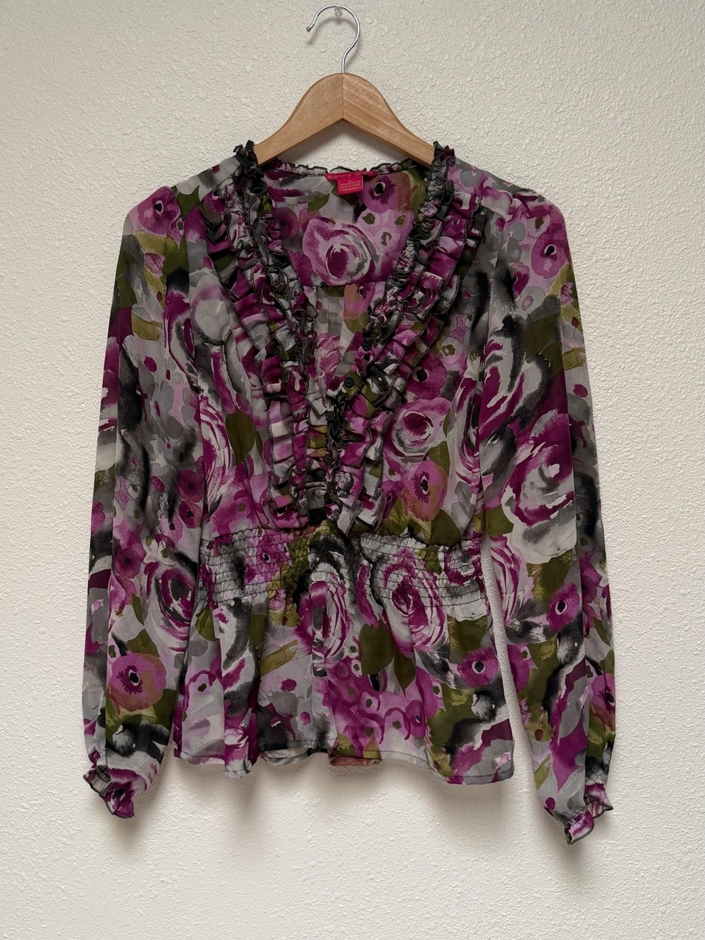 Sunny Leigh Floral Ruffle V-Neck Blouse - Magenta Green Gray